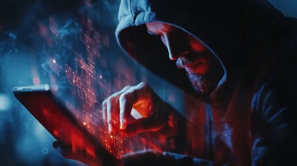 Illustration of Futuristic Hacker Infiltrating High-Tech Security System with Glowing Virtual Keys and Locks. Ai generated image