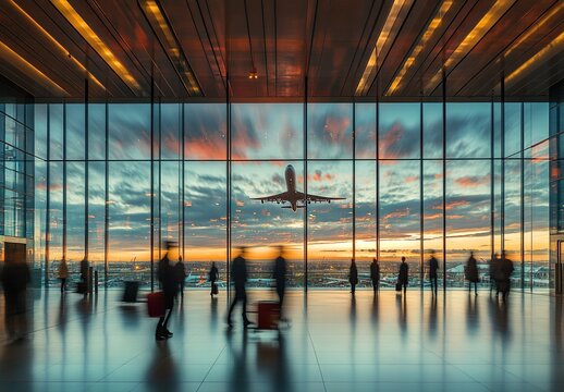 Silhouette of an airplane taking off against a vibrant sunset sky, seen through the large windows of an airport terminal, with blurred figures of travelers walking past.