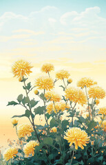 Chinese style poster design with yellow chrysanthemums and sunset 