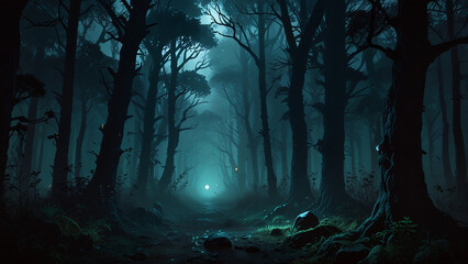 Obraz premium Eerie Glow Illuminates Path Through Dark, Misty Forest