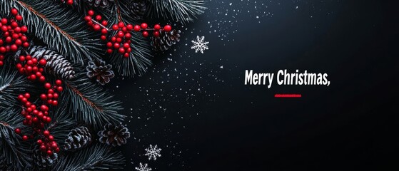 Christmas-themed background with text "Merry Christmas," black color, high resolution, black, gray, and dark colors, Christmas-themed decorations, red berries and pine branches, snowflakes and garland