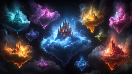 Ethereal Floating Castles Surrounded by Colorful Clouds and Stars in a Mystical Night Sky Setting, Perfect for Fantasy and Sci-Fi Themes