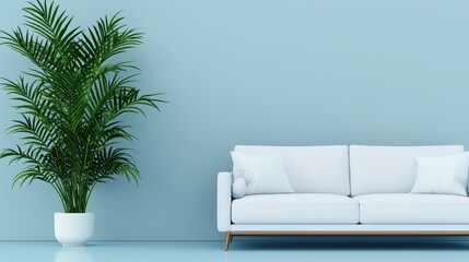 Fototapeta premium Minimalist Living Room Interior Design with White Sofa and Green Plant