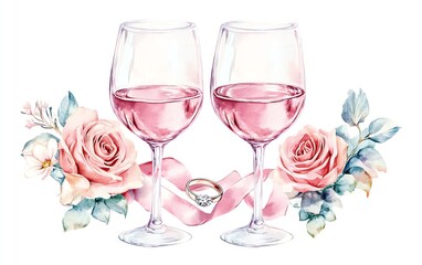 Elegant watercolor illustration of two wine glasses with roses and a ring, perfect for weddings and romantic occasions. on a white background