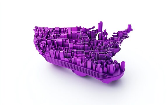 A vibrant purple map of the United States showcasing its architectural structures in a modern, artistic design. on a white background