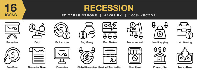 Recession icon set. Editable Stroke Icon Collection. Includes announcement, bag money, broken, card broken, coin burn, debt, and More. Outline icons vector collection.