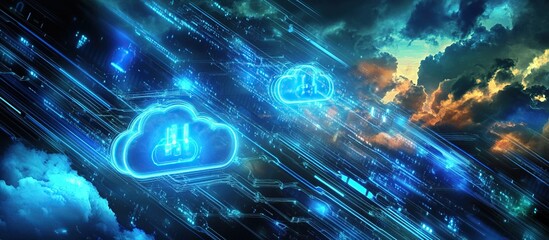 Blue glowing cloud computing icons with fast data lines in the sky.