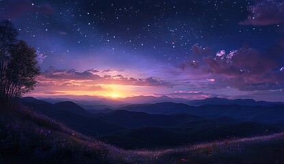 Naklejka premium A breathtaking panorama of a sunset over the mountains with a starry sky, showing the beauty of nature at its finest.