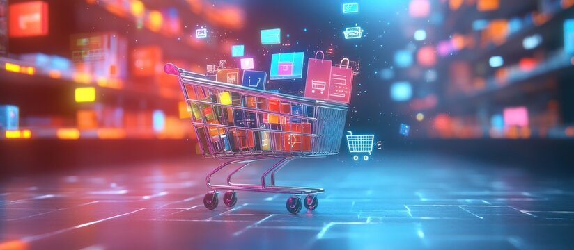 Shopping cart with digital icons flying around it on a colorful background.