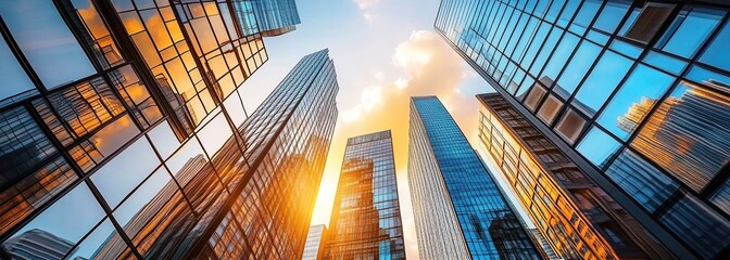 Fototapeta premium Low angle view of skyscrapers in a city with a bright sky.