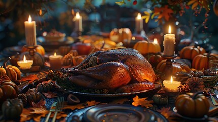 Thanksgiving Day Turkey on a Festive Table Decorated with Autumn Items