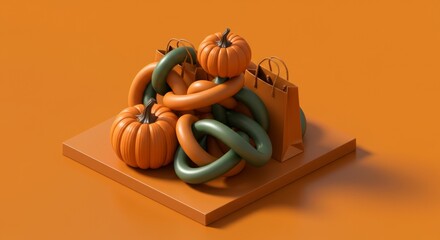 Modern Still Life Pumpkins and Twisted Tubes on Orange Background