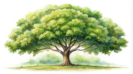 Camphor tree with watercolor leaves isolated on white background, low angle view