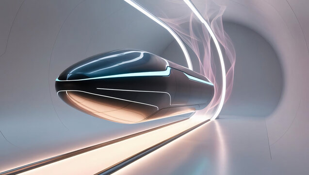 hyperloop capsule gliding through futuristic tunnel with glowing trails, showcasing minimalistic design and vivid gradients, evoking sense of speed and innovation