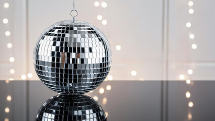 shiny disco ball reflecting light, creating vibrant atmosphere for stylish events and announcements. Perfect for trendy sales promotions and celebrations