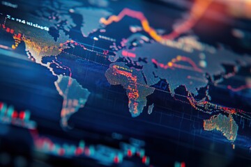 Fototapeta premium A close-up shot of a world map with data visualizations and financial graphs displayed on a screen.