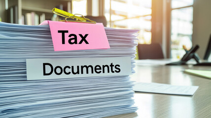 Stacks of tax documents organized on office desk, showcasing importance of financial management and organization. scene conveys sense of professionalism and diligence