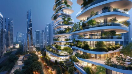 Fototapeta premium Futuristic smart buildings with AI-driven energy management, automated lighting, and climate control