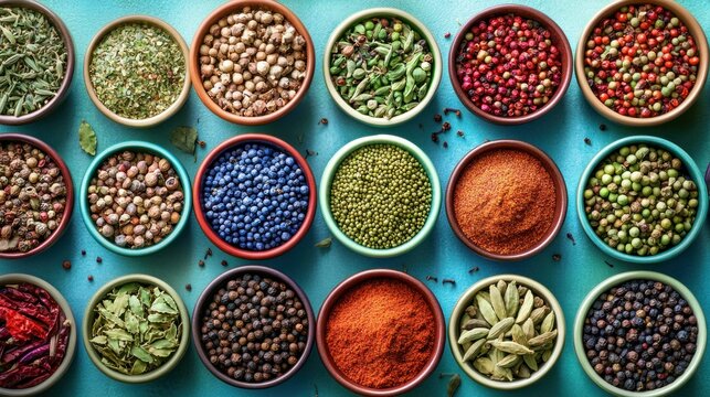 Assortment of Spices and Herbs in Small Bowls on Blue Background