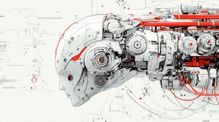 Futuristic Robot Head with Intricate Mechanical Details in an Abstract Digital Environment Featuring Stark Red Highlights and Complex Geometric Design Elements