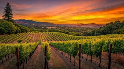 Naklejka premium Vineyard Rows at Sunset with Hills in the Background