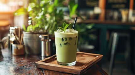 Close up of a cup of matcha latte green milk foam on a wooden cafe table. Ai generated image
