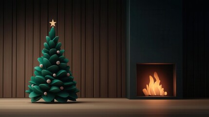 Fototapeta premium Evergreen-decorated Christmas tree, warm cozy fireplace, 3D illustration
