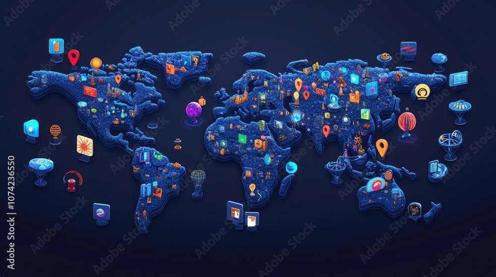Poster 3d world map on a dark background with floating icons representing global events
