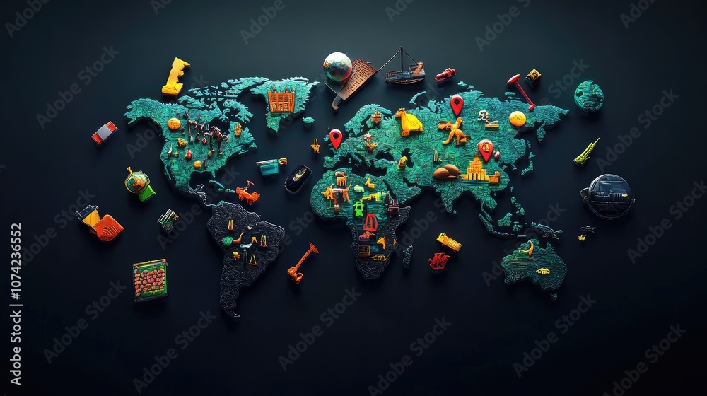 Poster 3d world map on a dark background with floating icons representing global events