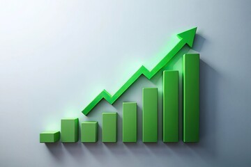 Close-up of green ascending arrow above histogram on light background