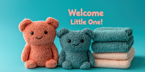 Welcome little one with cute plush bears and soft towels!