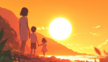Fototapeta premium Family Stroll on the Beach at Sunset