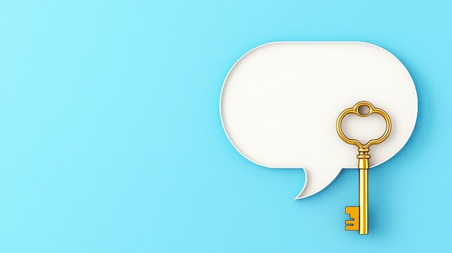 Strategic Speech Art Concept Leader's Persuasive Talk Design Golden key in speech bubble on blue background.