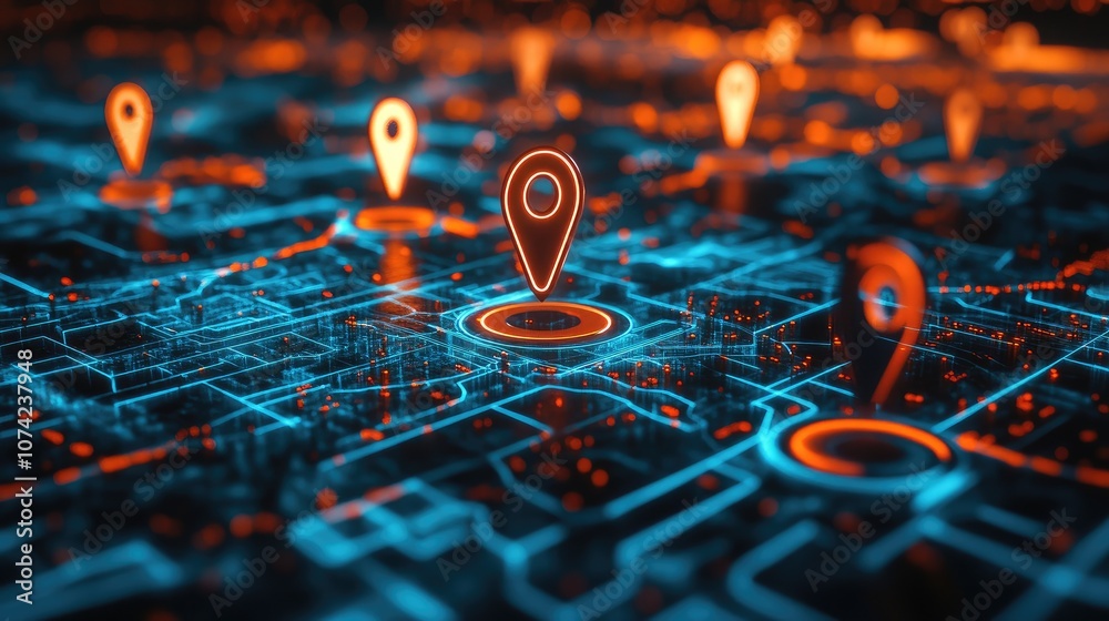 Poster a high-tech digital world map with floating location markers and dynamic lines