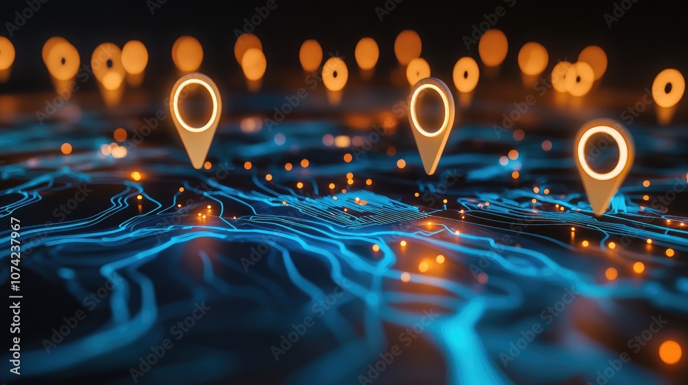 Poster a high-tech digital world map with floating location markers and dynamic lines