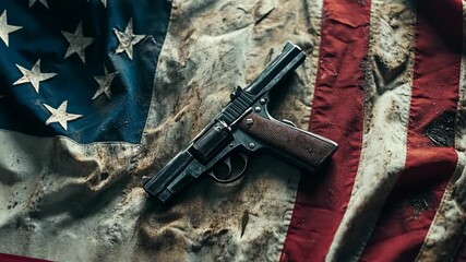 A gun lies on a worn American flag