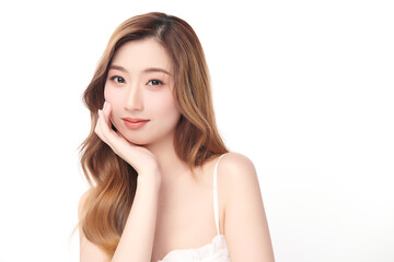 Beautiful young asian woman with clean fresh skin on white background, Face care, Facial treatment, Cosmetology, beauty and spa, Asian women portrait.