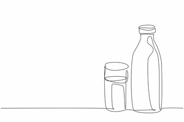 Single continuous line drawing of fresh cow milk inside bottle and glass. Healthy organic milk concept. Drink milk every day campaign. National Milk Day. One line draw vector graphic design art