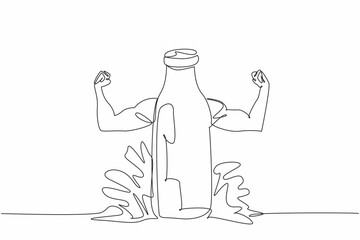 National Milk Day. One single line drawing of milk splash above bottle milk with strong muscular fist rising arms. Healthy and nutritious drink help to build your body. Continuous line art drawing