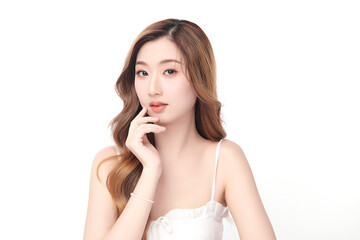 Naklejka premium Beautiful young asian woman with clean fresh skin on white background, Face care, Facial treatment, Cosmetology, beauty and spa, Asian women portrait.