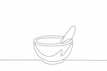 One continuous line drawing of ceramic mortar and pestle for grinding pill and tablet to turn into capsule. National Pharmacist Day. Mixing medicine at drug store concept.