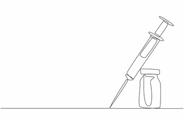 Single continuous line drawing of syringe injection laying on vaccine glass tube. Vaccine formula to cure pandemic illness. Medical healthcare conceptual. National Pharmacist Day. Vector illustration
