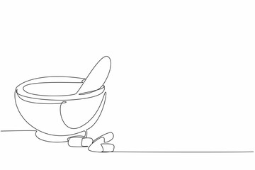 National Pharmacist Day. One single line drawing of ceramic mortar, pestle, and capsule. Grind pill medicine into new formula. Medical healthcare treatment concept. Vector line graphic design art