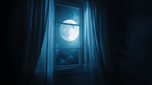 A serene night view through a window, featuring a glowing full moon illuminating a quiet room atmosphere.