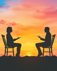 Obraz premium Strategic Speech Art Concept Leader's Persuasive Talk Design Silhouettes of two people conversing at sunset.