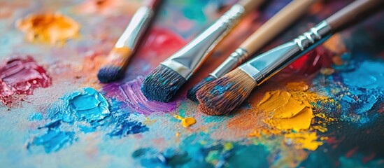 Obraz premium Close-up of colorful paint and paint brushes on a palette.