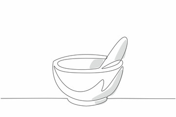 One continuous line drawing of ceramic mortar and pestle for grinding pill and tablet to turn into capsule. National Pharmacist Day. Mixing medicine at drug store concept.