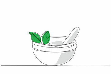 National Pharmacist Day. Single continuous line drawing of mortar and pestle with organic leaf inside. Traditional herbal medicine concept. Natural healthcare treatment. One line draw vector artwork
