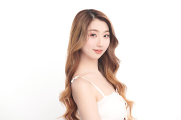 Obraz premium Beautiful young asian woman with clean fresh skin on white background, Face care, Facial treatment, Cosmetology, beauty and spa, Asian women portrait.