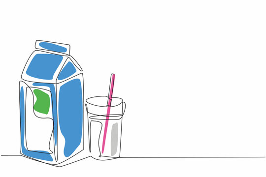 recommend clip art: National Milk Day. One single line drawing of almond milk with paper box packaging and glass with straw beside it. Healthy fresh dairy beverage conceptual. Daily health drink. Continuous line draw art